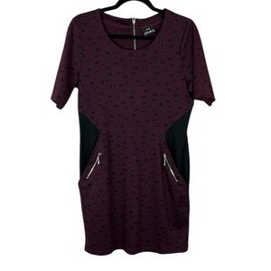 Schwiing Novelty Cat Printed Short Sleeve Pocket Jersey Knit Dress Medium Purple